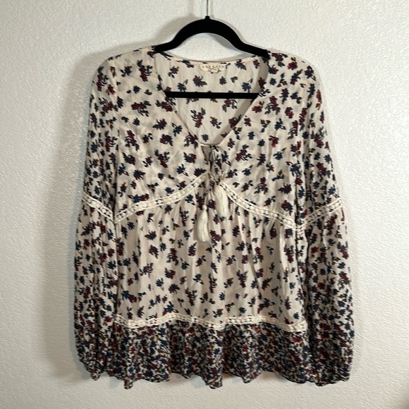 Promesa Boho Floral Lace Trim Blouse Size Large - Picture 1 of 8